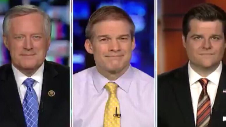 Meadows, Jordan and Gaetz join Judge Jeanine Pirro on Fox News. Photo credit to The Freedom Times compilation with screen shots.